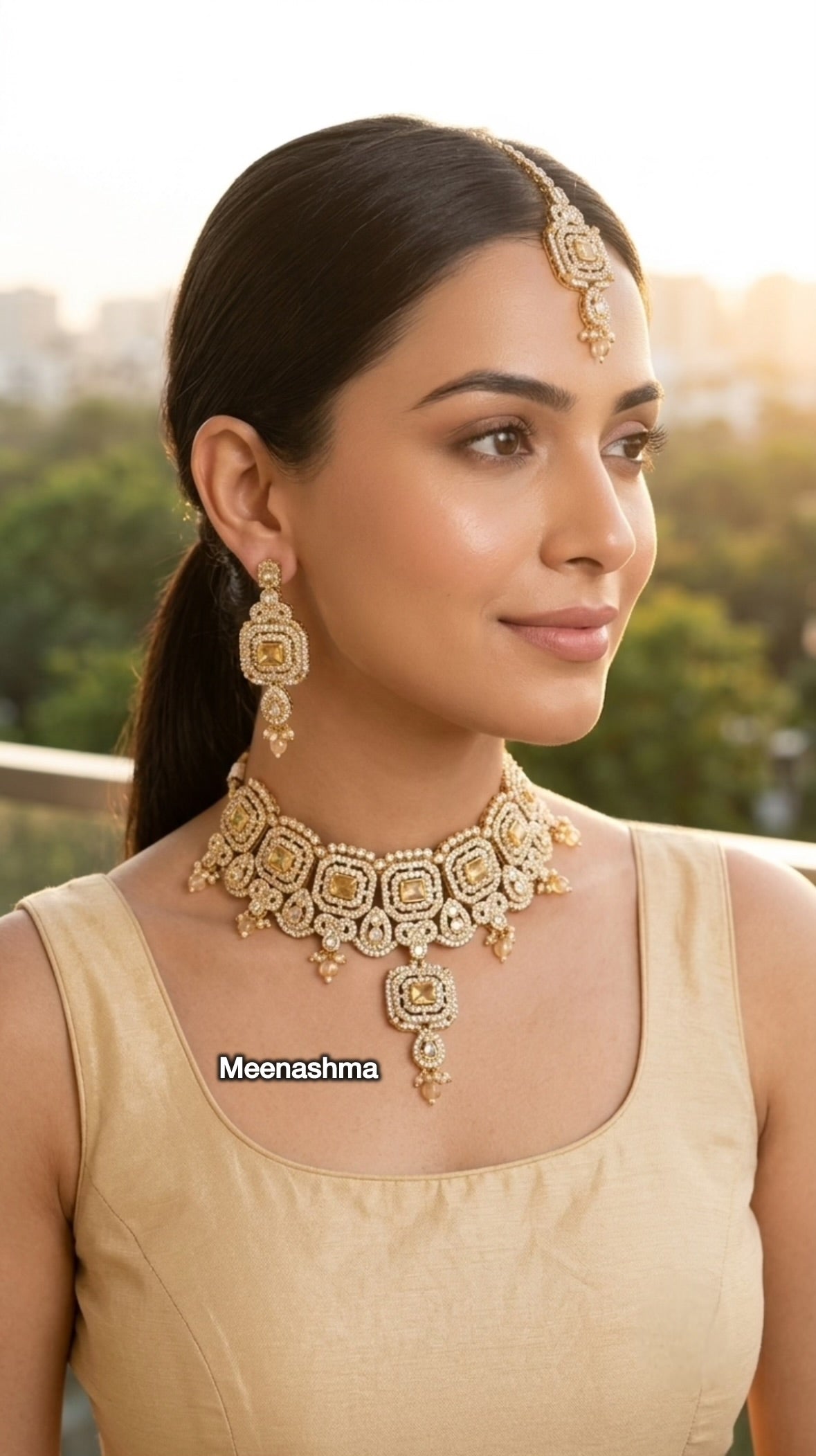 Royal Square Gold Plated Choker Necklace Set for Women