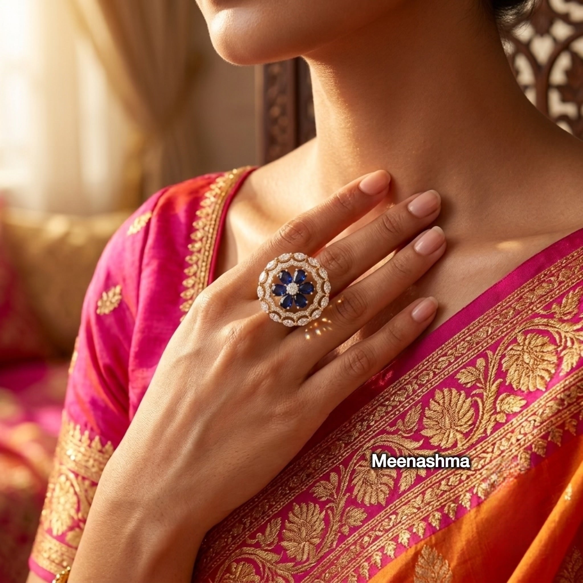Celestia Bloom AD Ring with Ganga Jamuna Polish | Adjustable Designer Ring