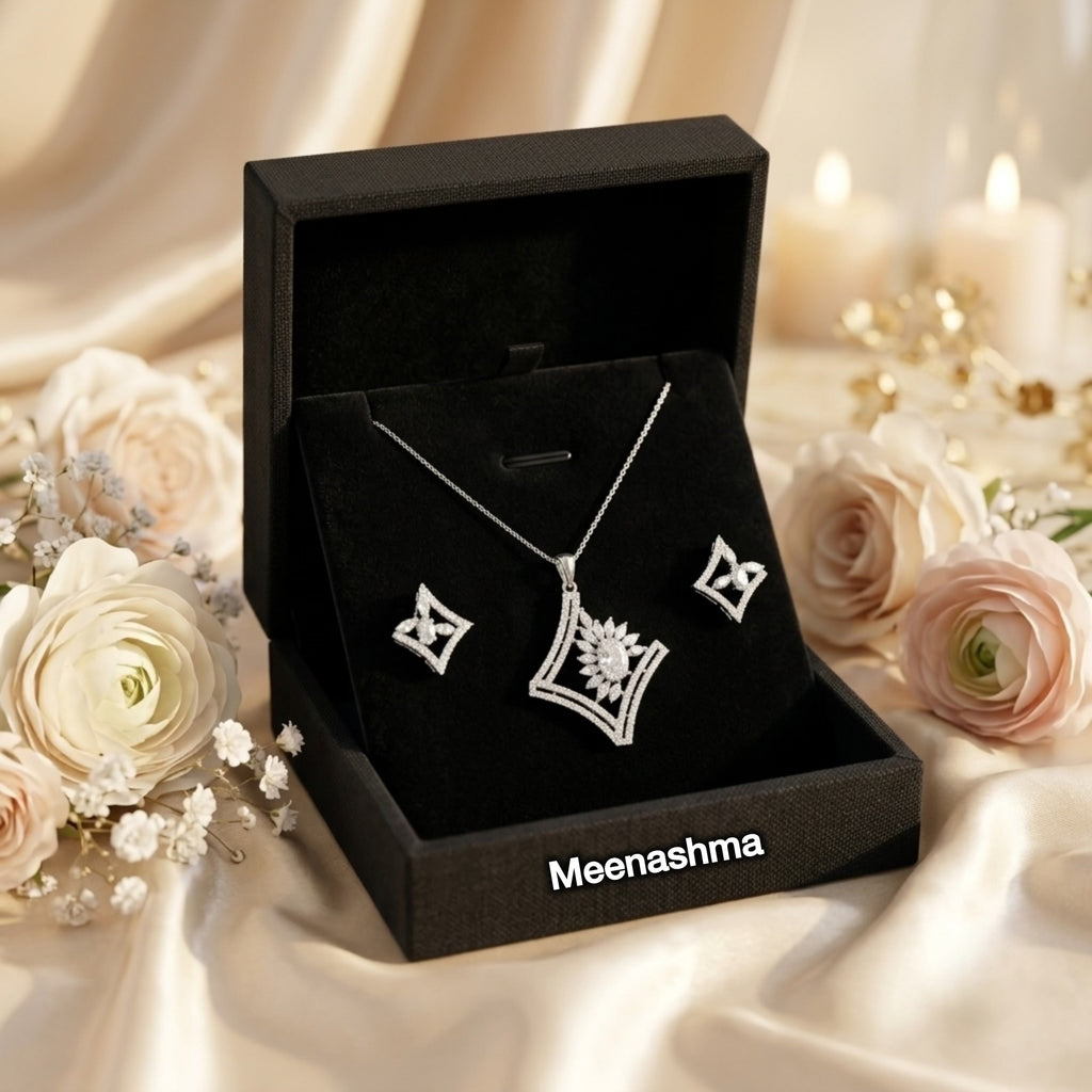 Meenashma SnowFlora Royale American Diamond Pendant Set for Women