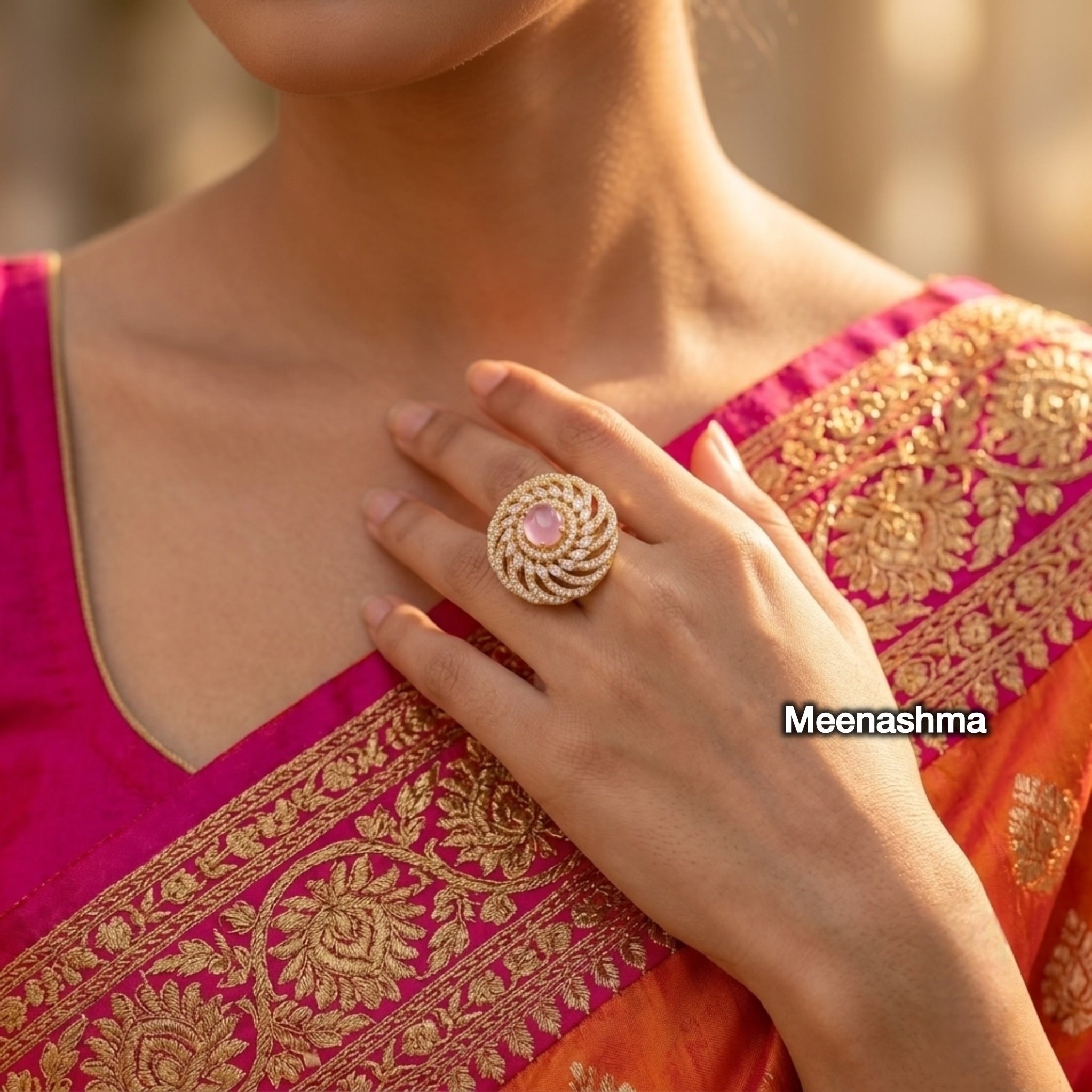 Premium AD Ring for Women with Ganga Jamuna Polish | Designer Adjustable Ring