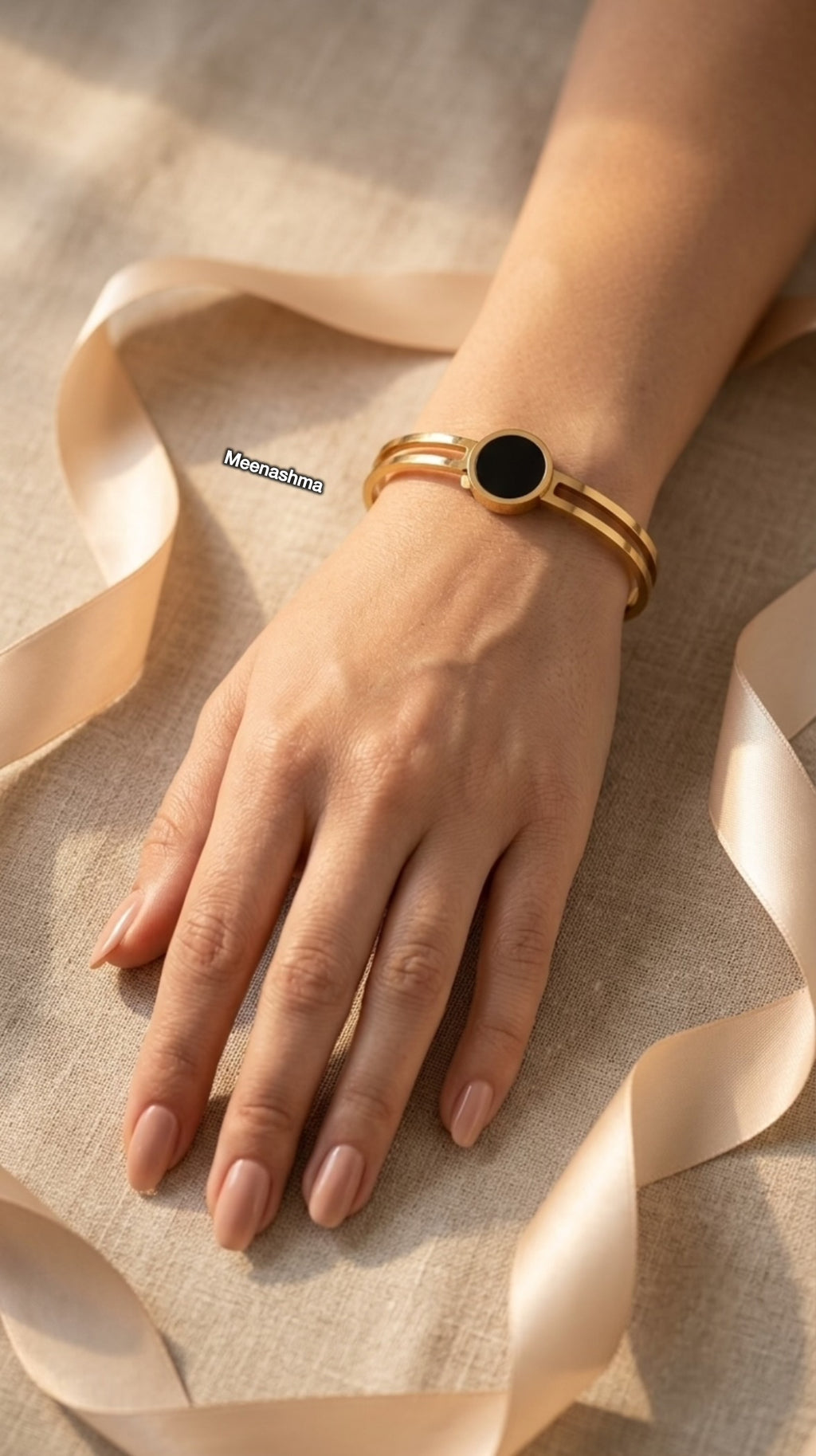 Black Stone Gold Plated Openable Bracelet for Women