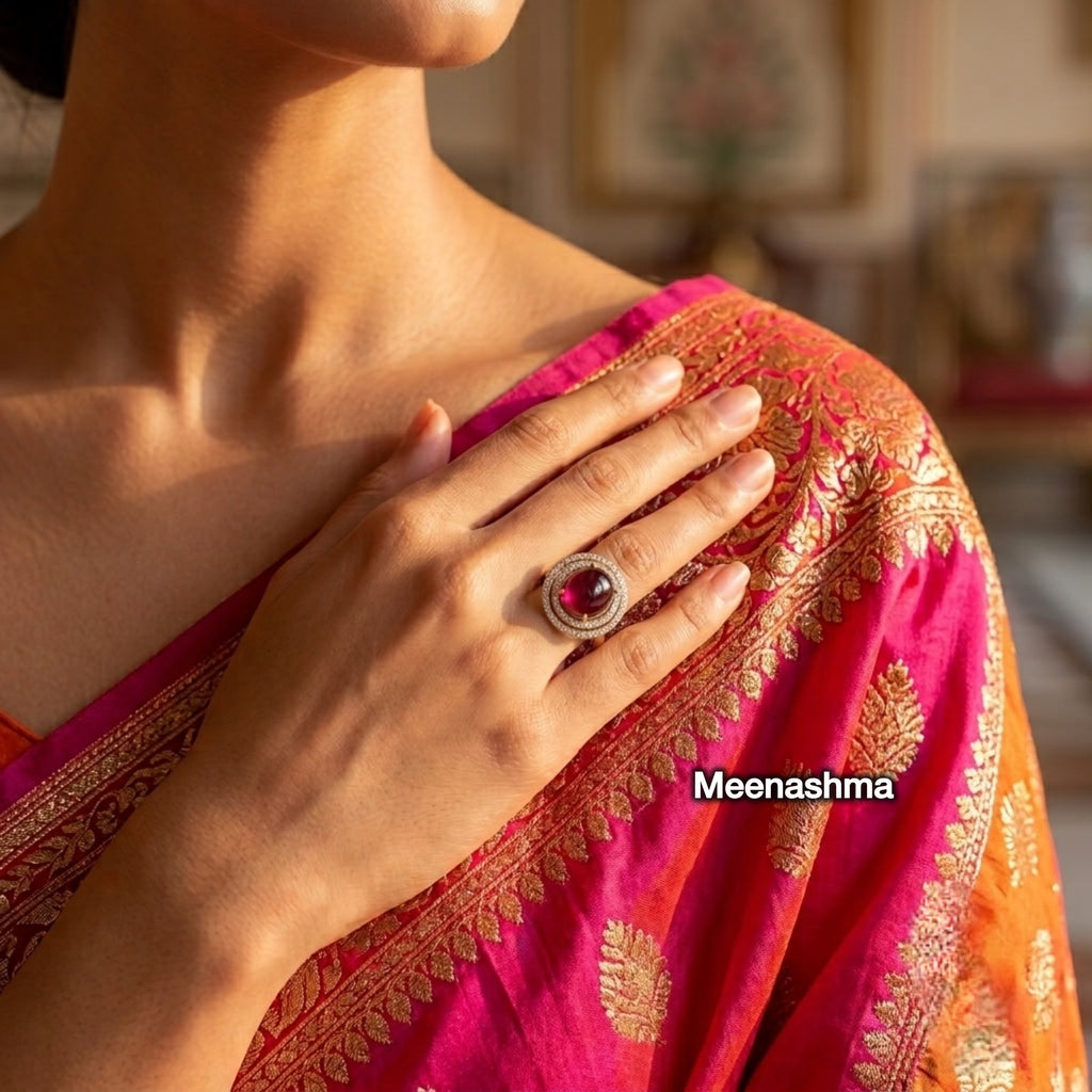 Emerald Halo AD Ring with Ganga Jamuna Polish