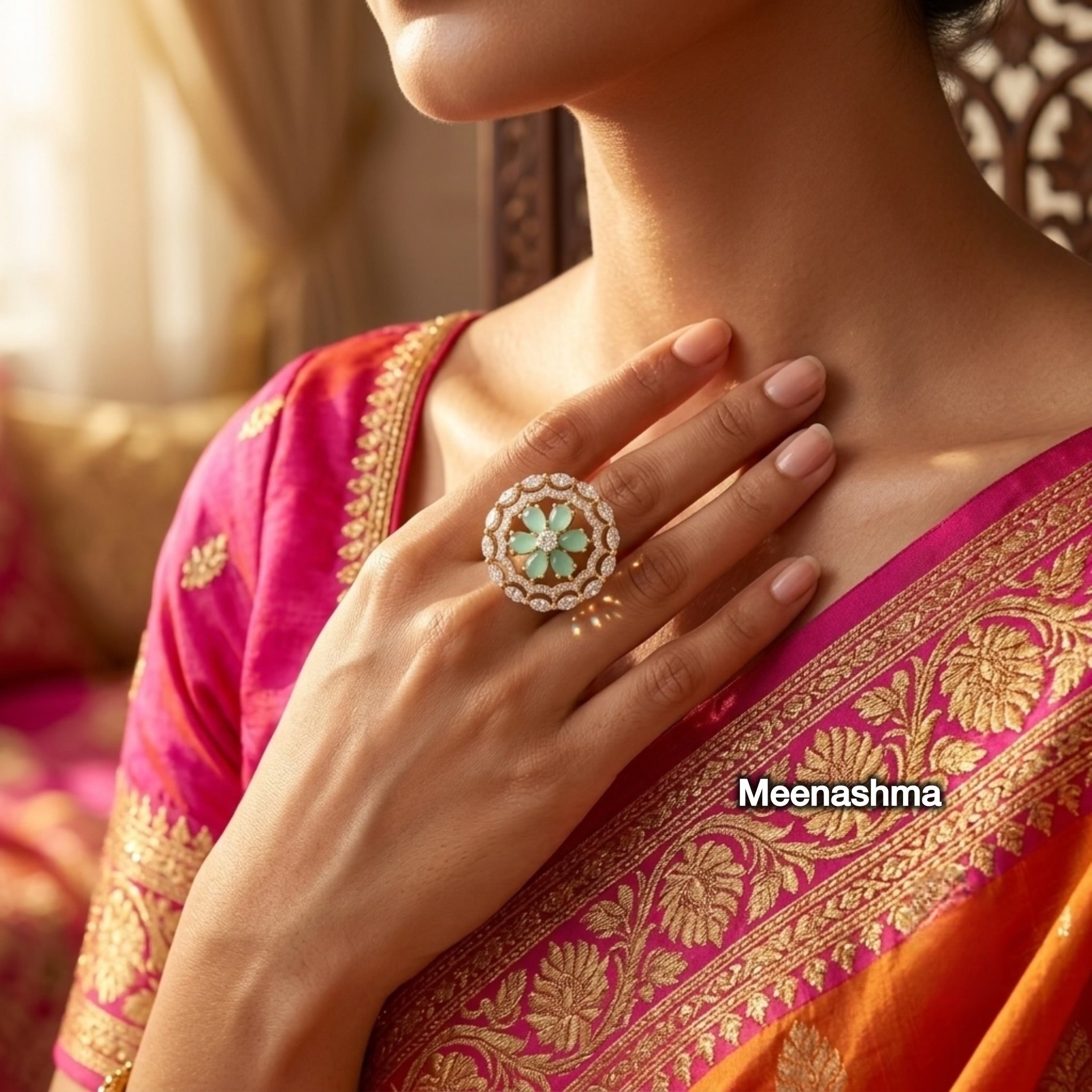 Celestia Bloom AD Ring with Ganga Jamuna Polish | Adjustable Designer Ring