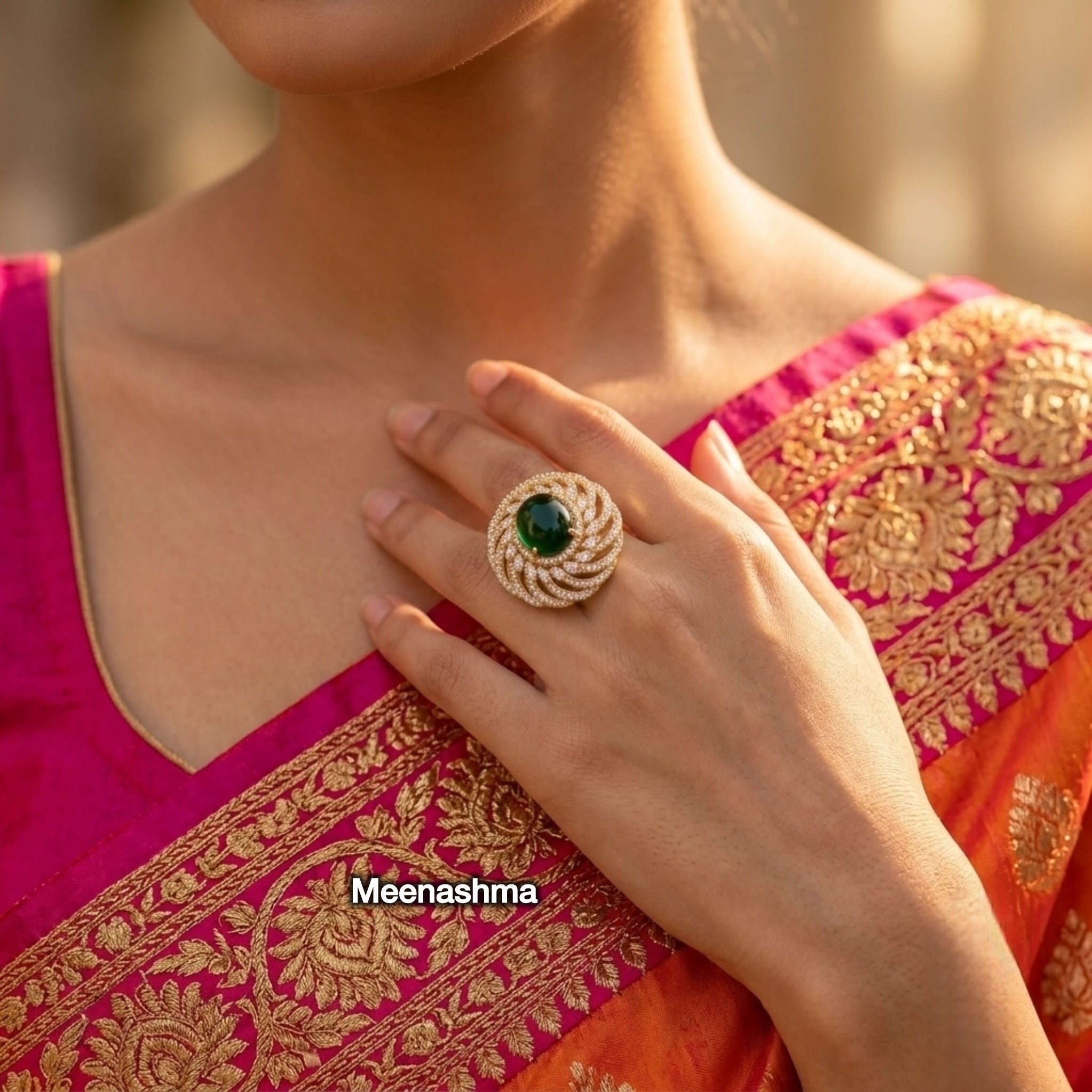 Premium AD Ring for Women with Ganga Jamuna Polish | Designer Adjustable Ring