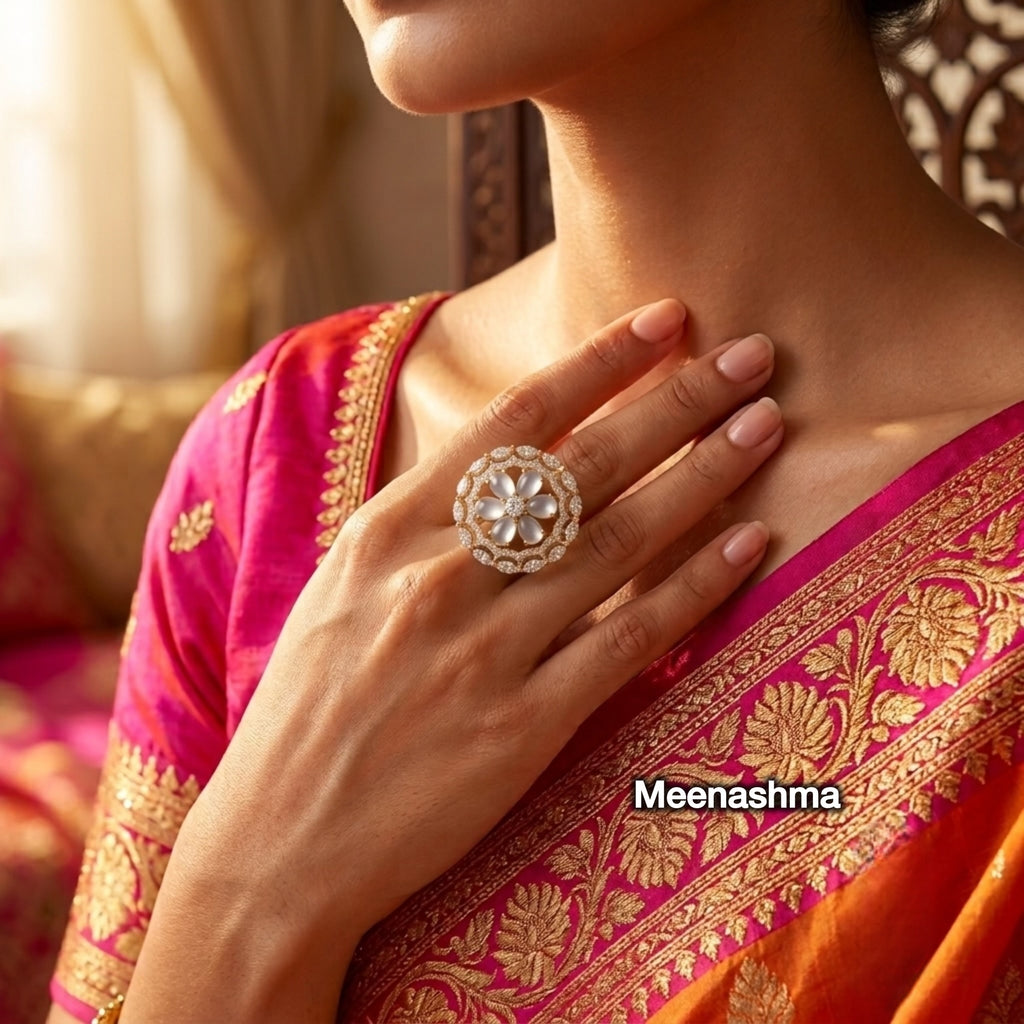 Celestia Bloom AD Ring with Ganga Jamuna Polish | Adjustable Designer Ring
