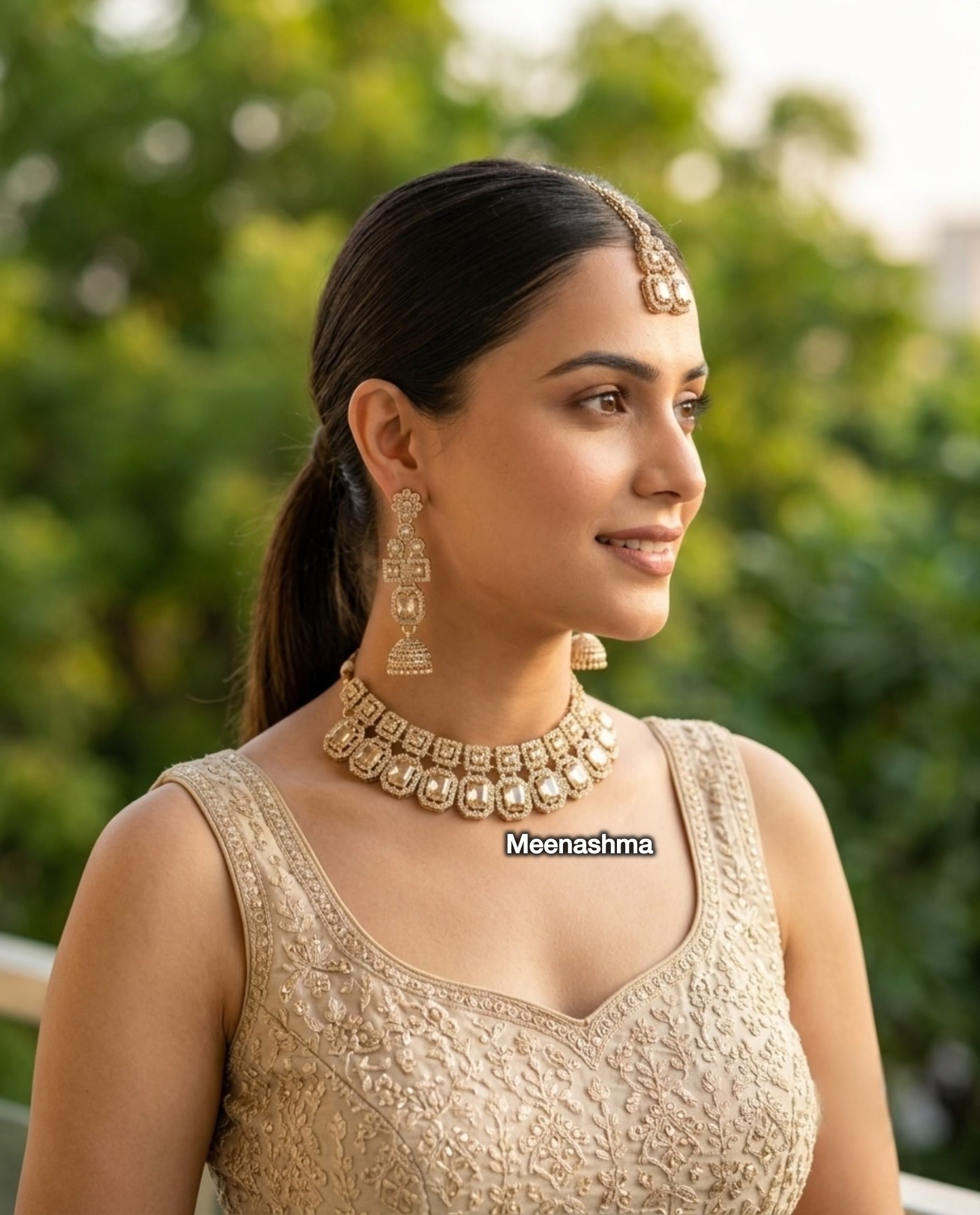 Regal Geometric Gold Plated Choker Necklace Set for Women