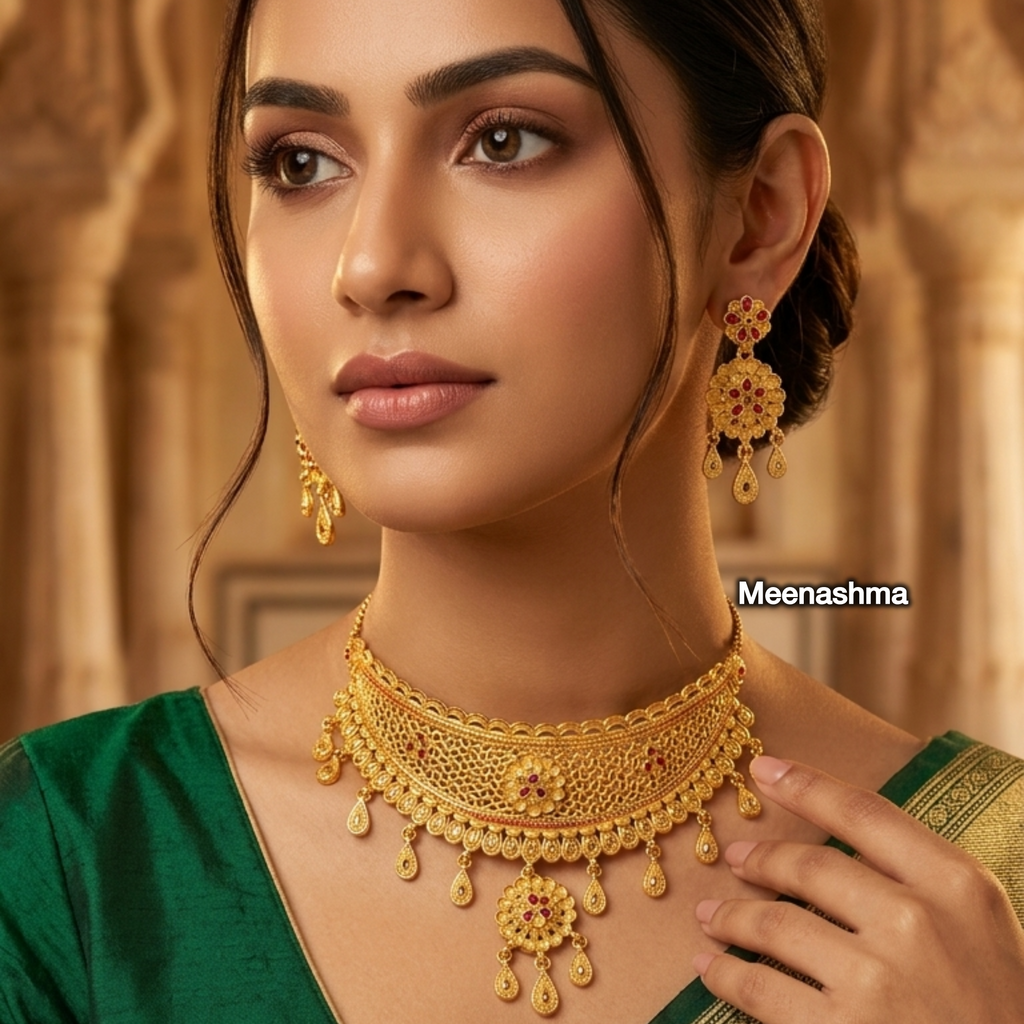 Svarna Valli One Gram Gold Floral Necklace Set