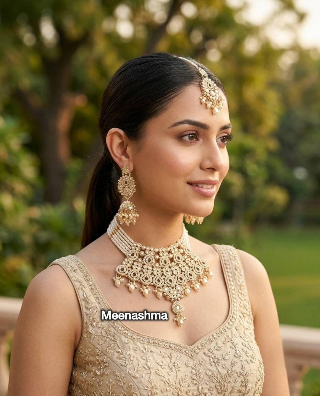 Meher Noor Gold Plated Pearl Choker Necklace Set for Women