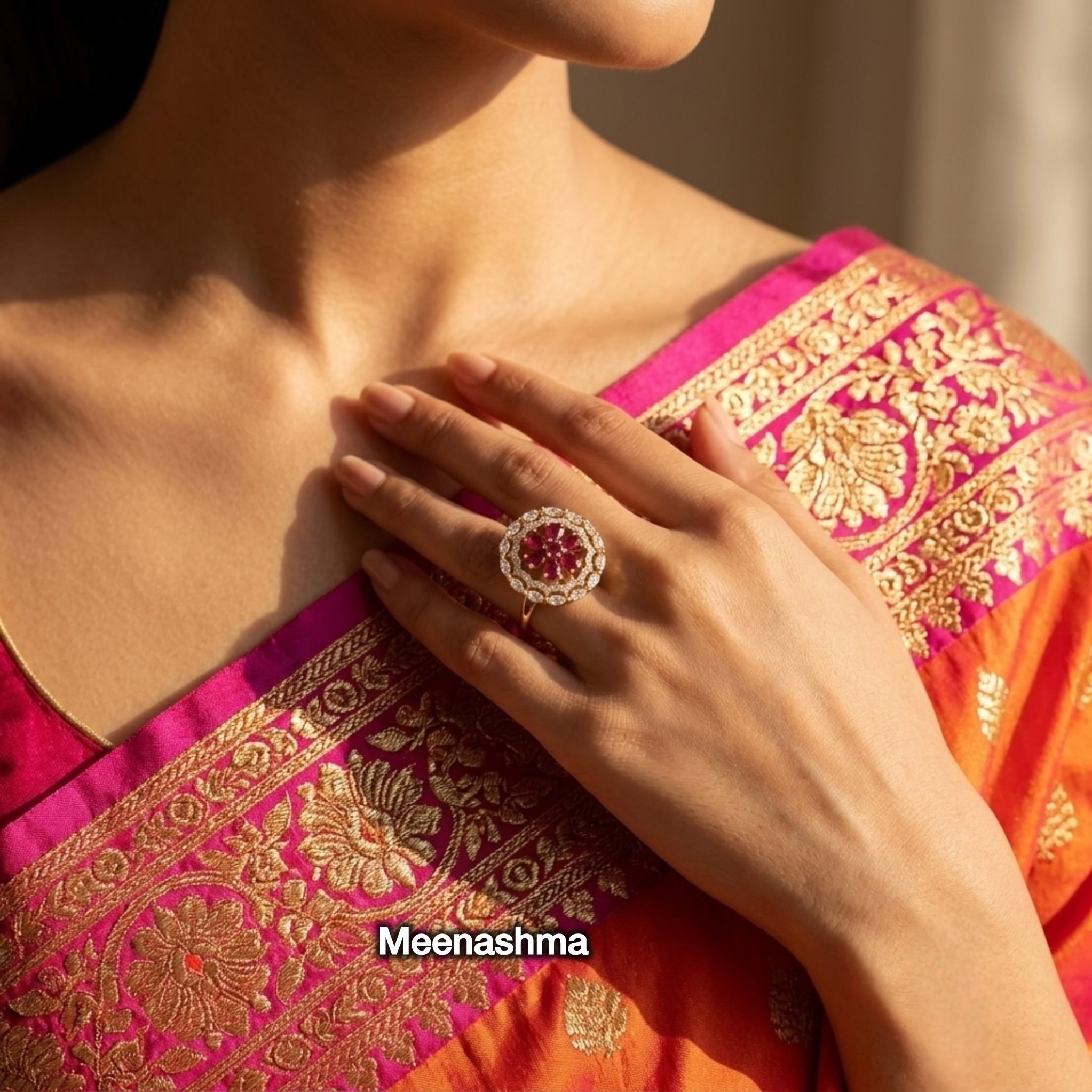 Celestia Bloom AD Ring with Ganga Jamuna Polish | Adjustable Designer Ring