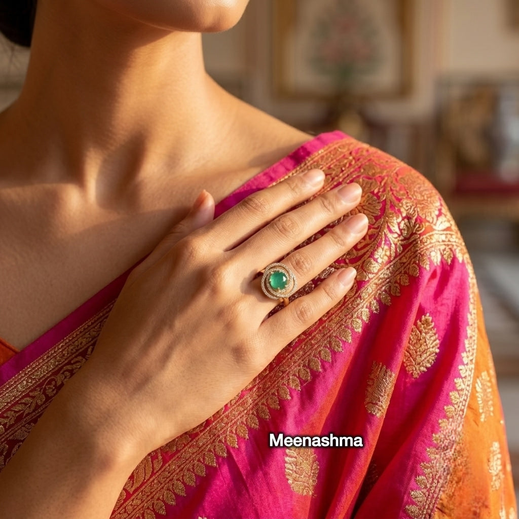 Emerald Halo AD Ring with Ganga Jamuna Polish